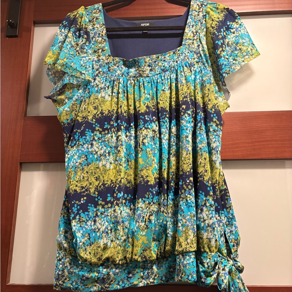 Apt. 9 Ruffled Flutter Sleeve Blouse in Blue and Green